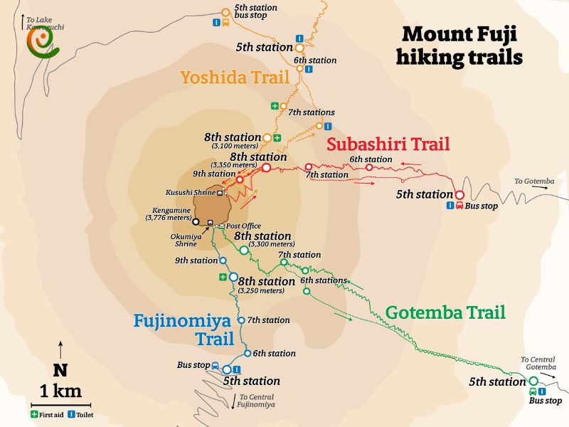 مسیرهای صعود به قله فوجی در قالب یک عکس شماتیک قرار گرفته است.